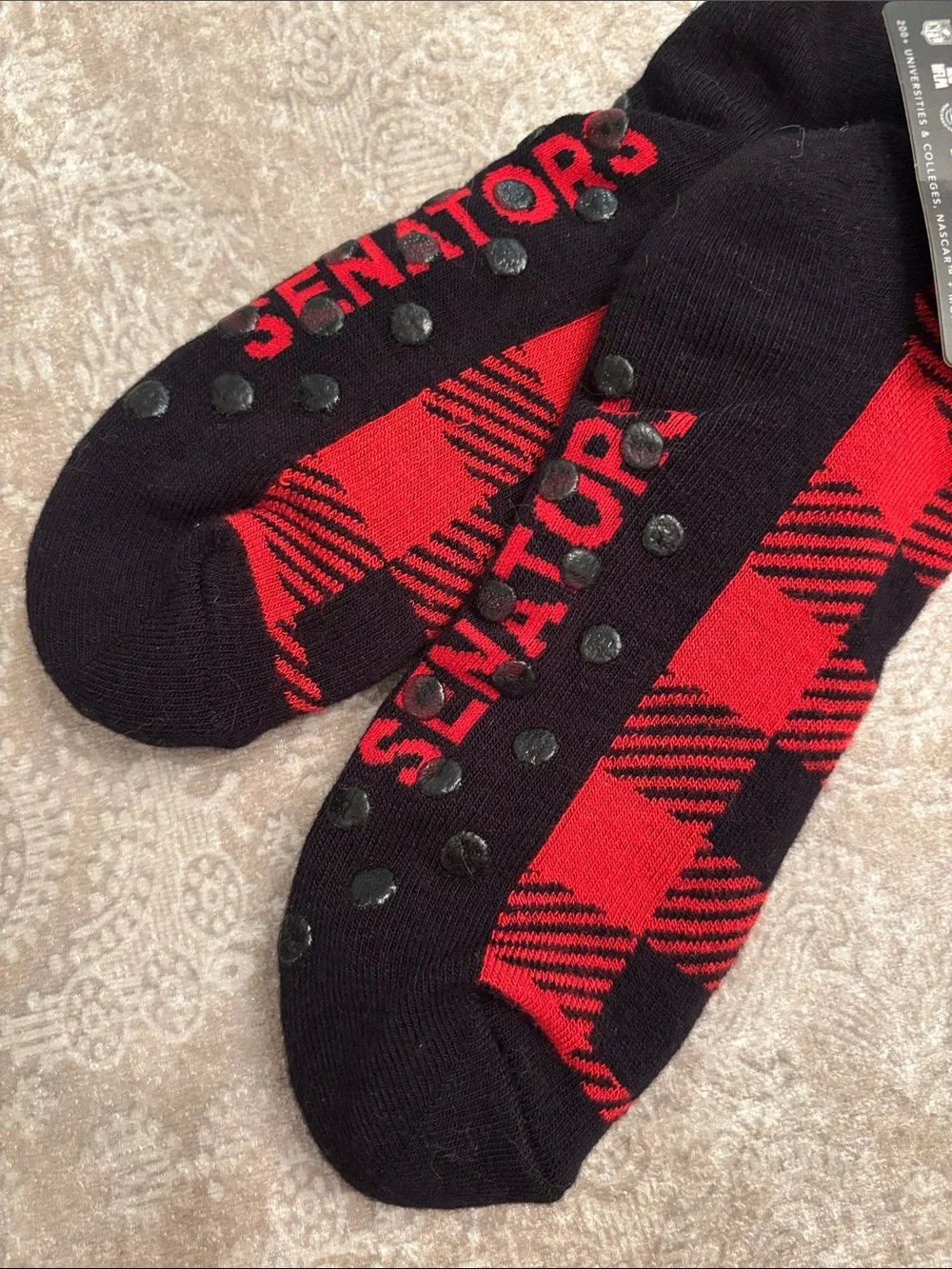 Brand New For Bare Feet Ottawa Senators NHL Grip Socks Black & Red Buffalo Plaid